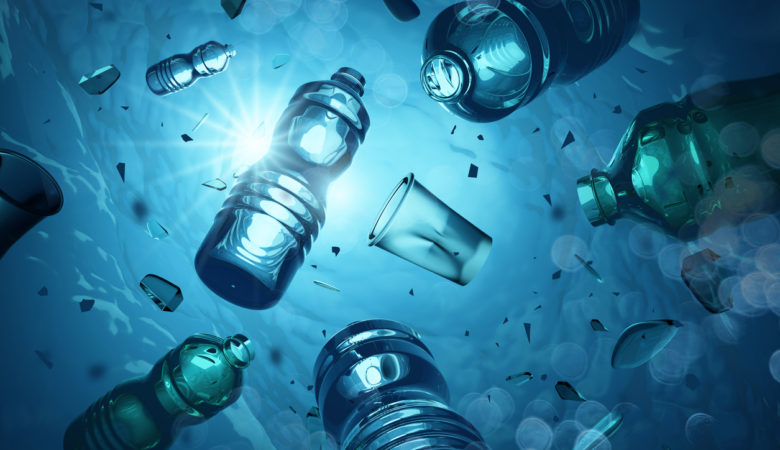 Problem plastic bottles and microplastics floating in the open ocean. Marine plastic pollution concept. 3D illustration